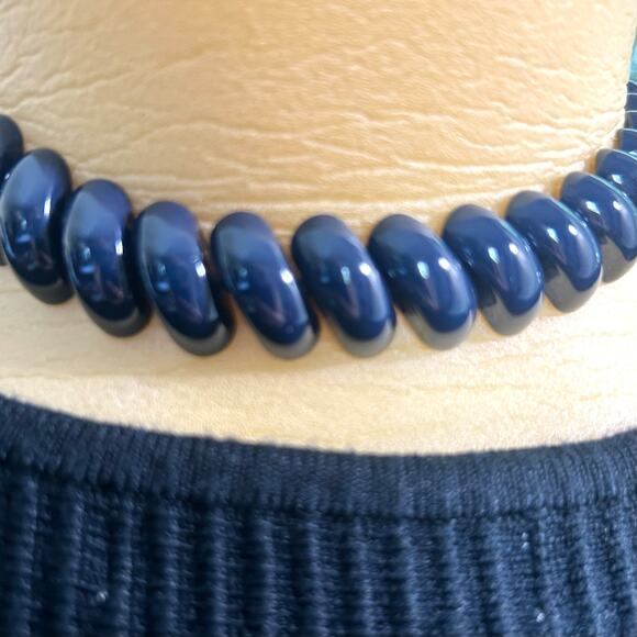 Vintage Napier Navy Blue Spiral Bead Choker Necklace, 80s Statement Jewelry - Picture 2 of 13
